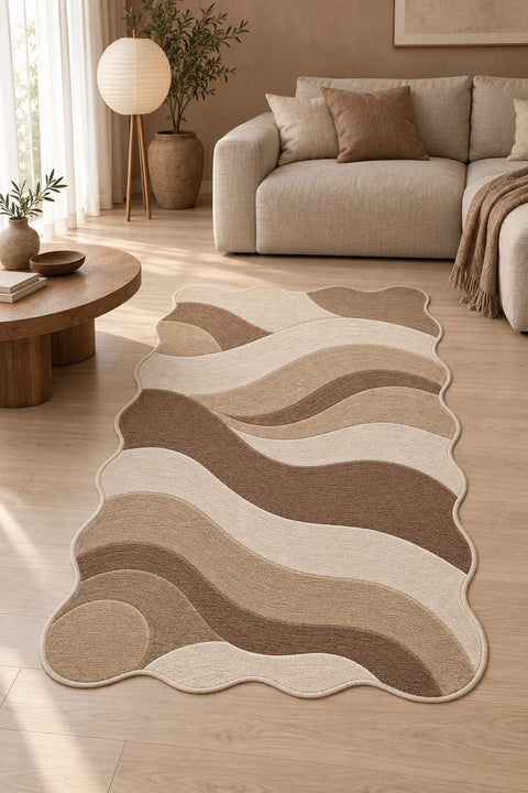 Wavy Abstract Area Rug – Brown in a living room
