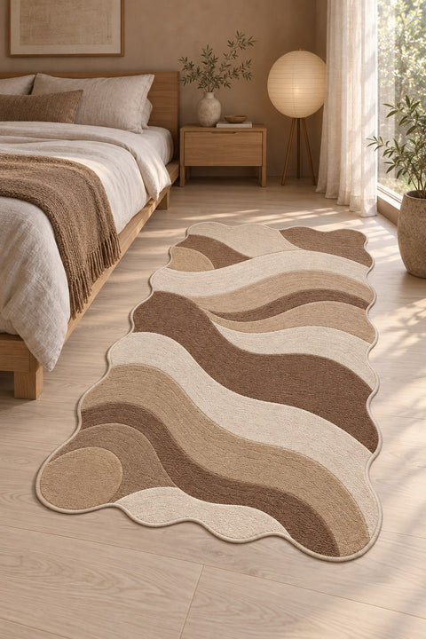 Wavy Abstract Area Rug – Brown in a bedroom