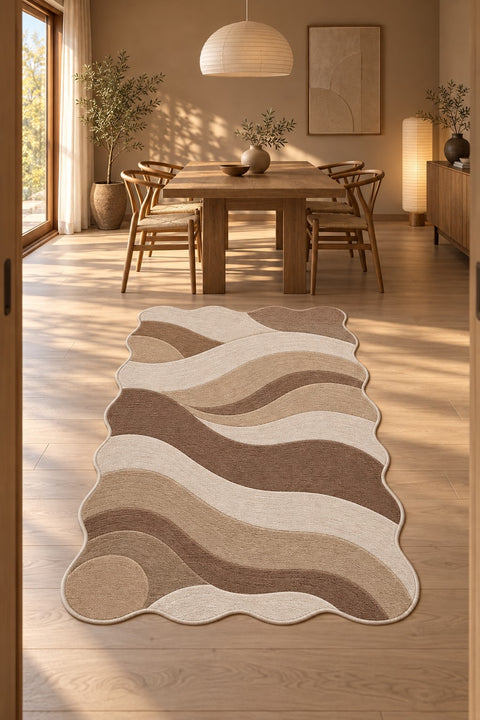 Wavy Abstract Area Rug – Brown in a dining room