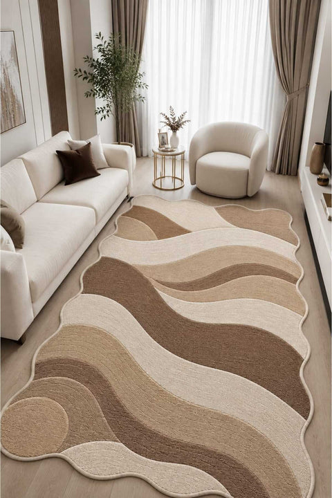 Wavy Abstract Area Rug – Brown in a living room