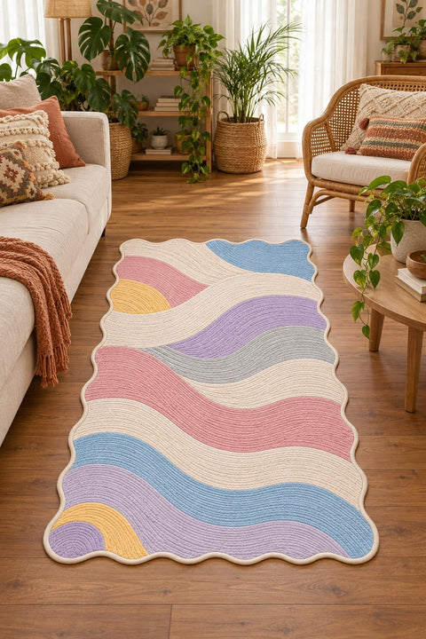 Wavy Abstract Area Rug – Pastel in a living room