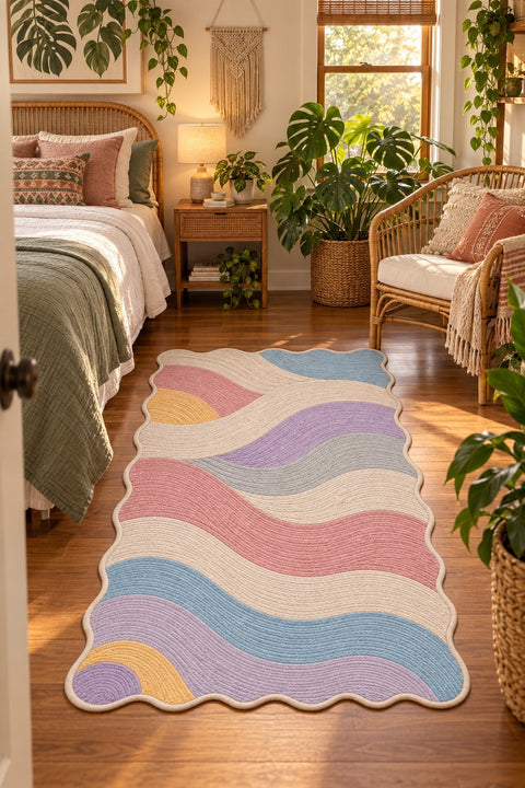 Wavy Abstract Area Rug – Pastel in a bedroom