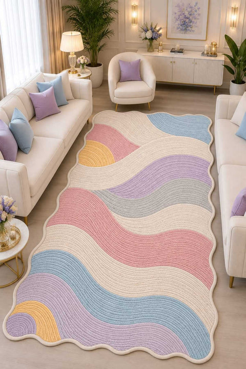 Wavy Abstract Area Rug – Pastel in a living room