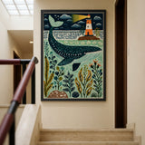 Whale Lighthouse Coastal Wall Art – Folk Art Ocean Nursery Print