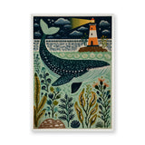 Whale Lighthouse Coastal Wall Art – Folk Art Ocean Nursery Print