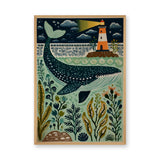 Whale Lighthouse Coastal Wall Art – Folk Art Ocean Nursery Print