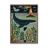 Whale Lighthouse Coastal Wall Art – Folk Art Ocean Nursery Print