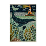 Whale Lighthouse Coastal Wall Art – Folk Art Ocean Nursery Print