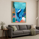 Whale Surfer Coastal Kids Wall Art – Colorful Coral Reef Adventure