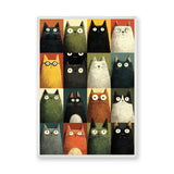 Whimsical Retro Cat Wall Art – Colorful Wide-Eyed Cat Grid Print