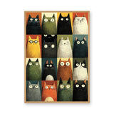 Whimsical Retro Cat Wall Art – Colorful Wide-Eyed Cat Grid Print