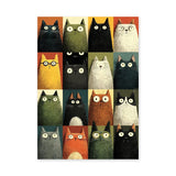 Whimsical Retro Cat Wall Art – Colorful Wide-Eyed Cat Grid Print