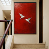 White Birds Modern Abstract Wall Art – Textured Deep Red Background