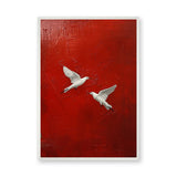 White Birds Modern Abstract Wall Art – Textured Deep Red Background