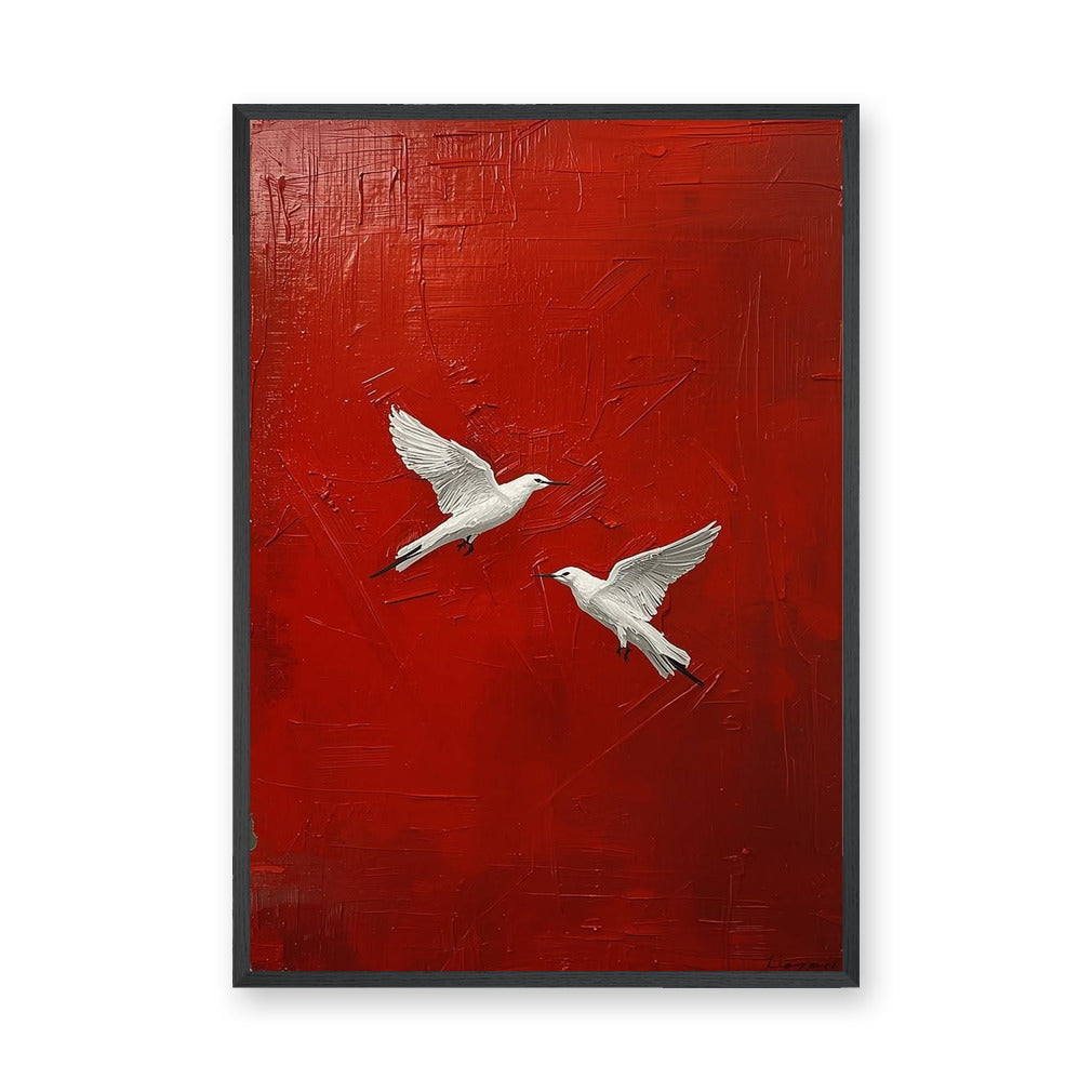 White Birds Modern Abstract Wall Art – Textured Deep Red Background