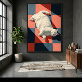 White Cat Geometric Wall Art – Sunlit Lounge on Red and Blue Tiles