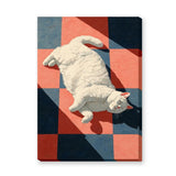 White Cat Geometric Wall Art – Sunlit Lounge on Red and Blue Tiles