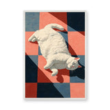White Cat Geometric Wall Art – Sunlit Lounge on Red and Blue Tiles