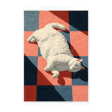 White Cat Geometric Wall Art – Sunlit Lounge on Red and Blue Tiles