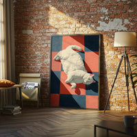 White Cat on Checkered Floor Aesthetic Wall Poster, Simple Cat Wall Poster