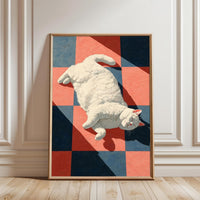 White Cat on Checkered Floor Aesthetic Wall Poster, Simple Cat Wall Poster