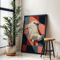 White Cat on Checkered Floor Aesthetic Wall Poster, Simple Cat Wall Poster