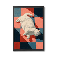 White Cat on Checkered Floor Aesthetic Wall Poster, Simple Cat Wall Poster