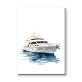 White Yacht Coastal Wall Art – Watercolor Boat on Blue Water