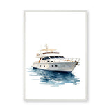 White Yacht Coastal Wall Art – Watercolor Boat on Blue Water