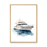 White Yacht Coastal Wall Art – Watercolor Boat on Blue Water