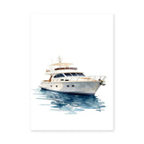 White Yacht Coastal Wall Art – Watercolor Boat on Blue Water