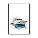 White Yacht Coastal Wall Art – Watercolor Boat on Blue Water