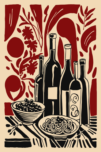 Wine Table Still Life Modern Wall Art – Red Botanical Dining Print