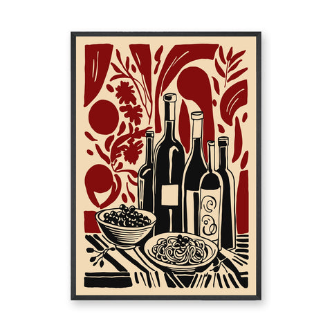 Wine Table Still Life Modern Wall Art – Red Botanical Dining Print