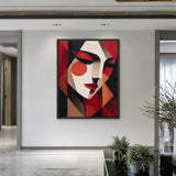 Woman Portrait Geometric Abstract Wall Art – Red Black Cubist Face Print