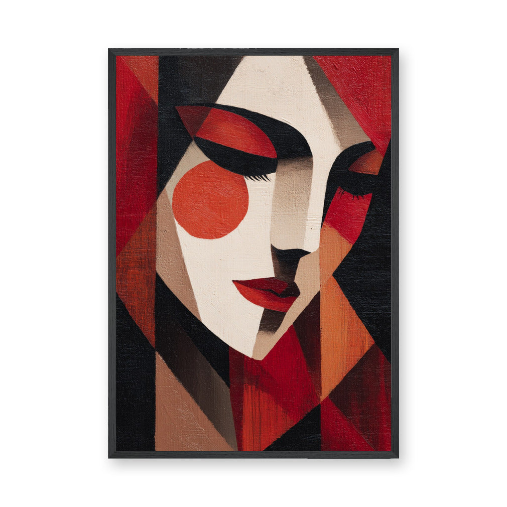 Woman Portrait Geometric Abstract Wall Art – Red Black Cubist Face Print