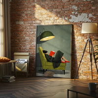 Woman Reading on Green Chair Art, Cozy Reading Moment Print, Red Shoes Wall Décor Poster, Contemporary Relaxing Scene Decor