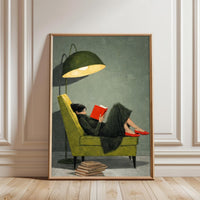 Woman Reading on Green Chair Art, Cozy Reading Moment Print, Red Shoes Wall Décor Poster, Contemporary Relaxing Scene Decor