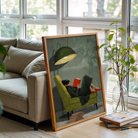Woman Reading on Green Chair Art, Cozy Reading Moment Print, Red Shoes Wall Décor Poster, Contemporary Relaxing Scene Decor