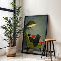 Woman Reading on Green Chair Art, Cozy Reading Moment Print, Red Shoes Wall Décor Poster, Contemporary Relaxing Scene Decor