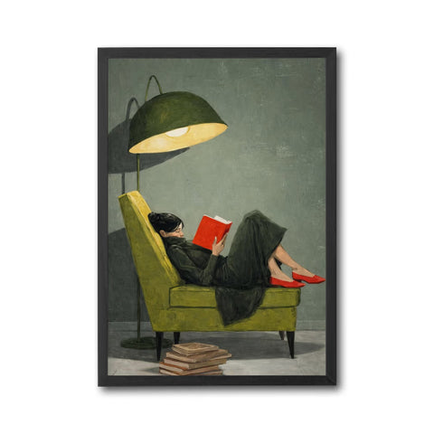 Woman Reading on Green Chair Art, Cozy Reading Moment Print, Red Shoes Wall Décor Poster, Contemporary Relaxing Scene Decor