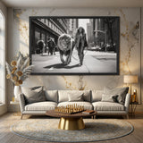 Woman Walking Lion Surreal Wall Art – Black and White City Street Scene