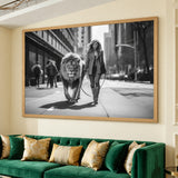 Woman Walking Lion Surreal Wall Art – Black and White City Street Scene