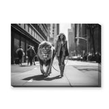 Woman Walking Lion Surreal Wall Art – Black and White City Street Scene