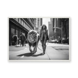Woman Walking Lion Surreal Wall Art – Black and White City Street Scene