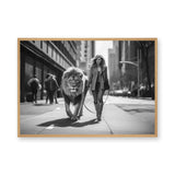 Woman Walking Lion Surreal Wall Art – Black and White City Street Scene