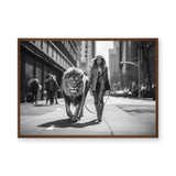 Woman Walking Lion Surreal Wall Art – Black and White City Street Scene