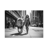 Woman Walking Lion Surreal Wall Art – Black and White City Street Scene