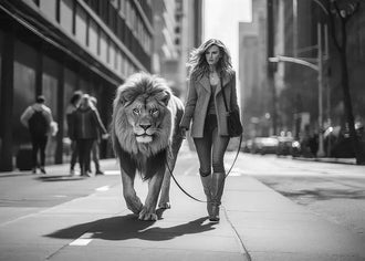 Woman Walking Lion Surreal Wall Art – Black and White City Street Scene