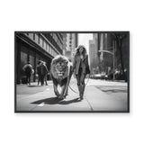 Woman Walking Lion Surreal Wall Art – Black and White City Street Scene